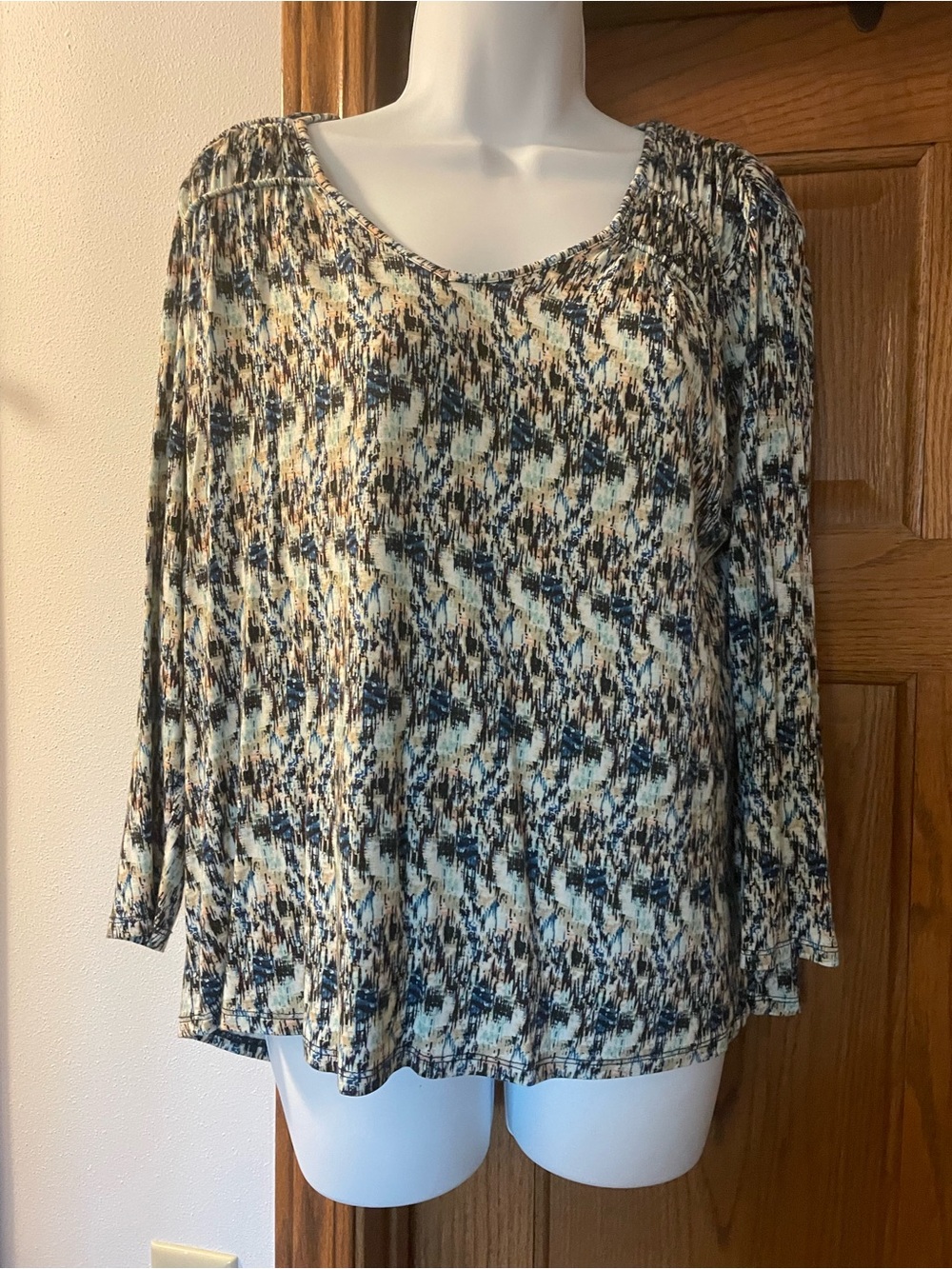 Liverpool Scoop Neck Long-Sleeve Top - Cream, Blue, Brown